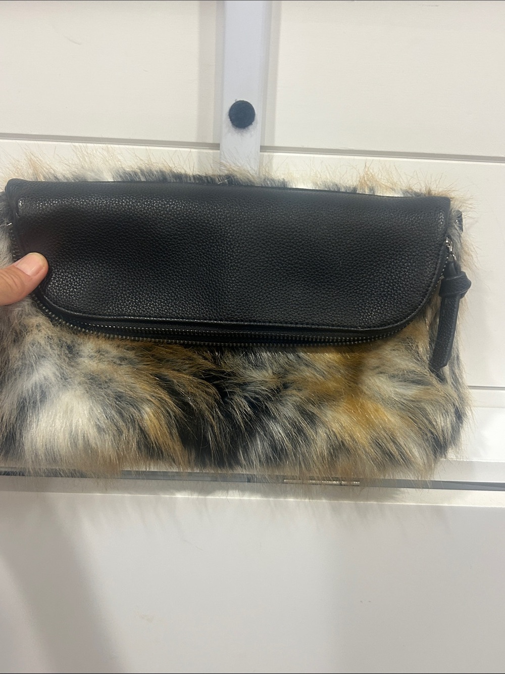 Faux Fur Fold-Over Clutch Bag in Black and Multi-Tone